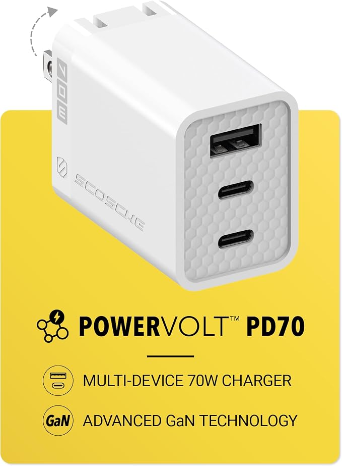 Scosche PowerVolt 70W Fast Charging Compact 3-Port Wall Charger Block, Dual USB-C & USB-A GaN Power Delivery Adapter with Foldable Plug for iPhone 16/15 Pro, iPad, MacBook Air, Galaxy S25/S24 & More
