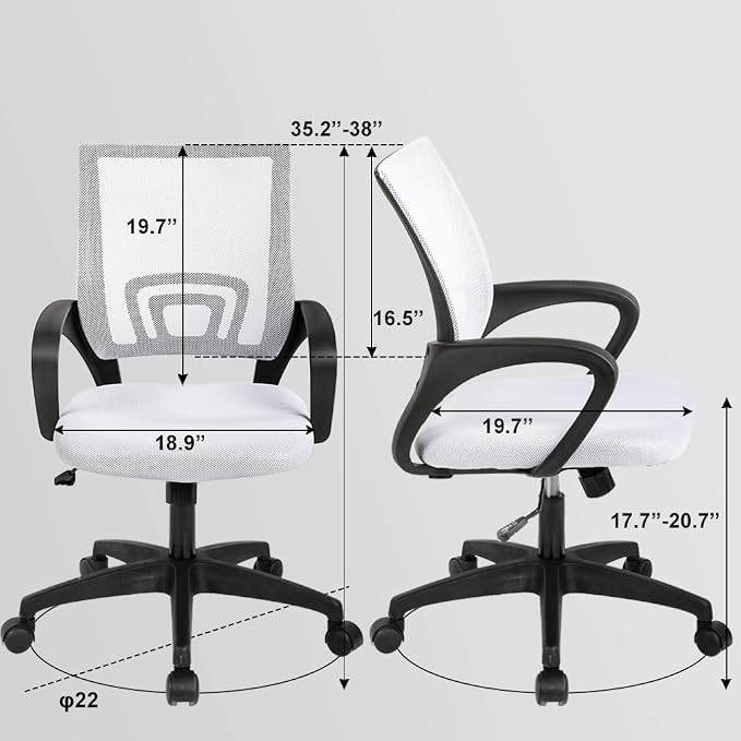 BestOffice | Ergonomic Office Chair | Mid-Back Swivel Desk Chair | Breathable Backrest & Lumbar Support | Adjustable Height | Sponge Seat | Rolling Wheels | White | for Adults & Women | Pack of 2