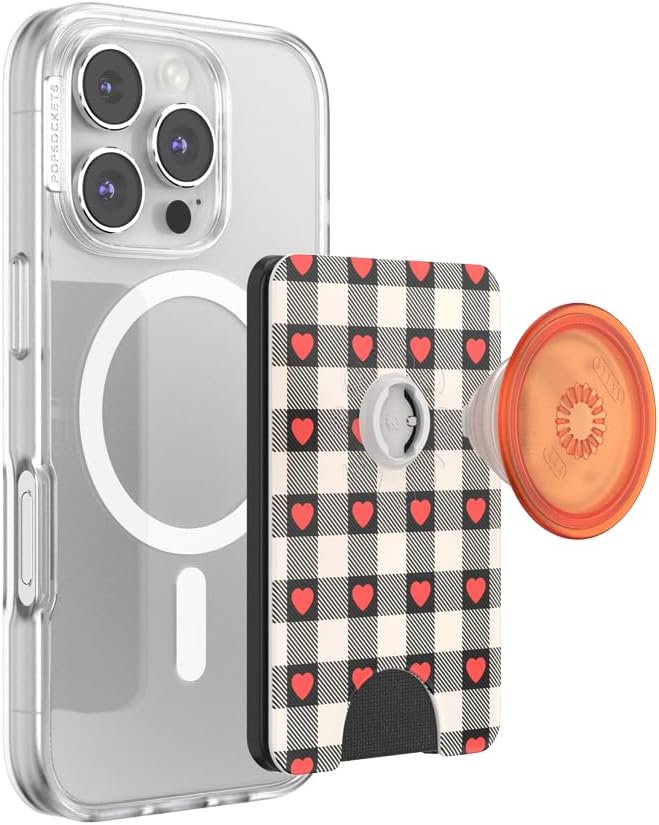 PopSockets Phone Wallet for MagSafe with Grip- Heartbreaker | PopWallet, Holds 3 Cards, Magnetic, Removable, Secure, Checkered, Heart, Valentines