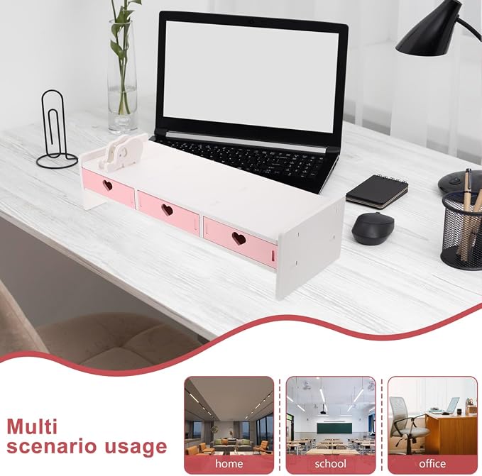 Pink Monitor Riser, Space-Saving Elevated Stand with Smooth Edges for Keyboard Storage, Ergonomic Desktop Organizer for Home & Office, 19.29x7.48x3.93In