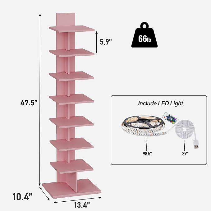 TUTOTAK Book Shelf, Narrow Spine Bookshelf, 8-Tier Bookcase with LED Lights | 10.4 x 13.4 x 47.5 Inches Vertical Freestanding Corner Shelf for Living Room, Office, Small Space, Pink BS06BP008L
