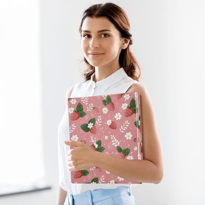 Strawberry Fruit Hard Cover Ring Binder 1.5 Inch 3 Ring, Printed Ring Binder with Metal Non-Slip Clip Clear Pocket Water Resistant Round Ring Binders for Recipe Budget Office