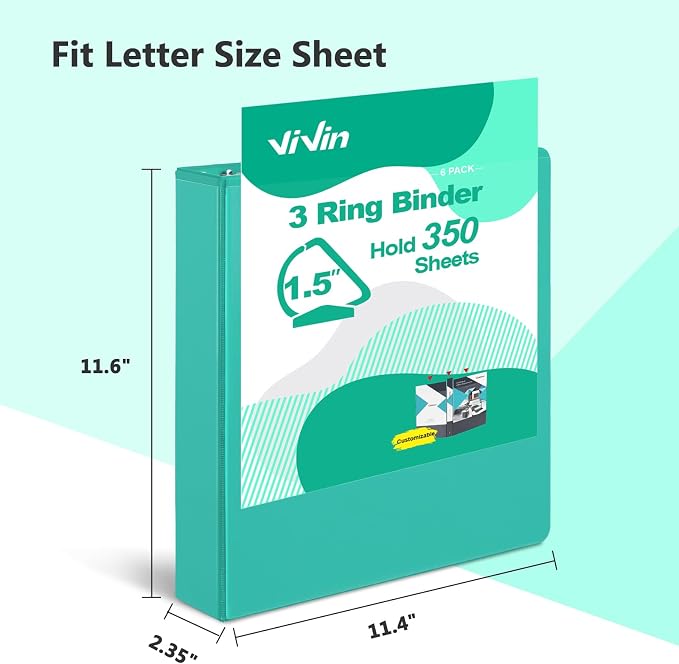 ViVin Sturdy 1.5 Inch 3 Ring Binder with 2 Pockets, 6 Pack, Lake Green | Slant-D Ring Binder, PVC-Free, Customizable Clear View Cover, Holds 350 Sheets of 8.5" x 11" Paper, 2 Interior Pockets