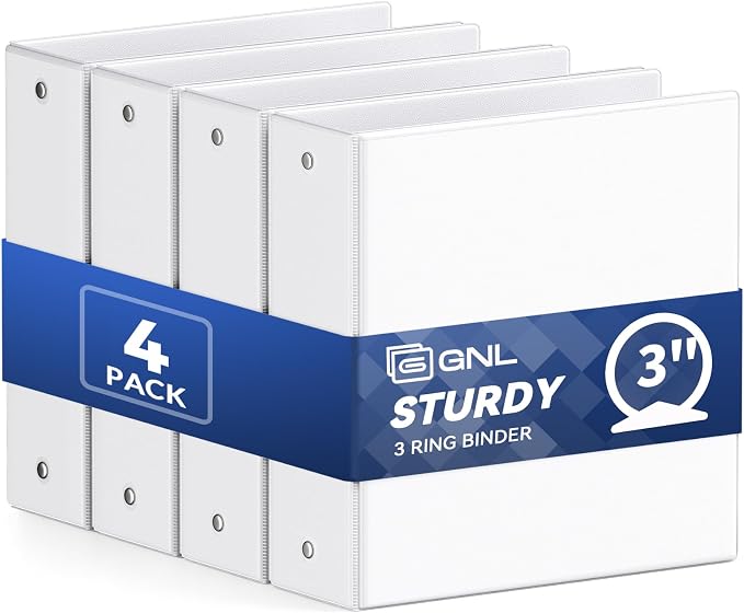 GNL 3 Inch Binders 3 Ring Bulk, 3" Three Ring Clear View Binder (Fit 8.5"x11" Paper) PVC-Free & Non-Stick for Office & School Supplies, White, 4 Pack