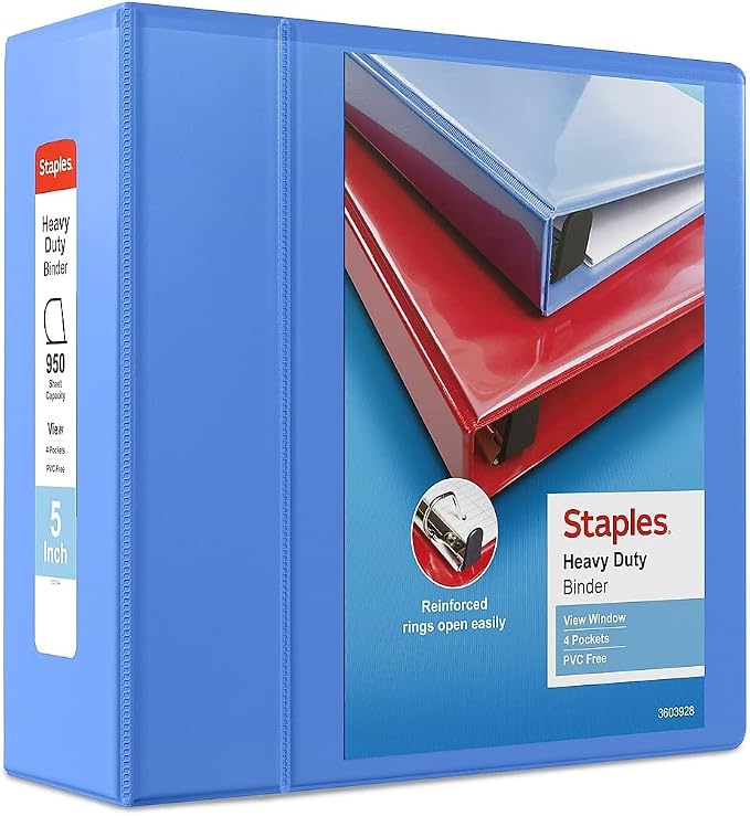 Staples Heavy-Duty 5-Inch D-Ring View Binder, Extra Large Capacity Holds Up to 1,000 Sheets, Periwinkle, for Office & Archiving