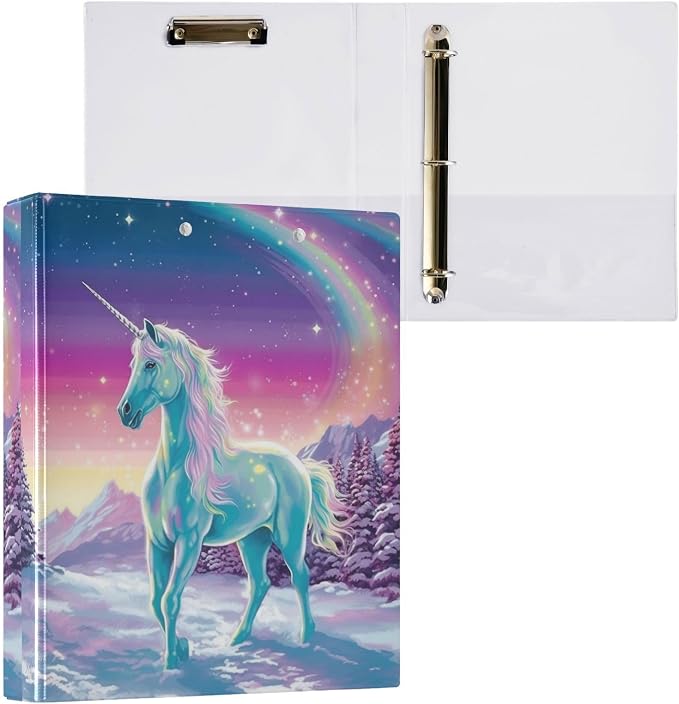 3 Ring Binder, Rainbow Fairy Unicorn File Folder Holds 200 Sheets File Storage for Women Men School Office Supplie