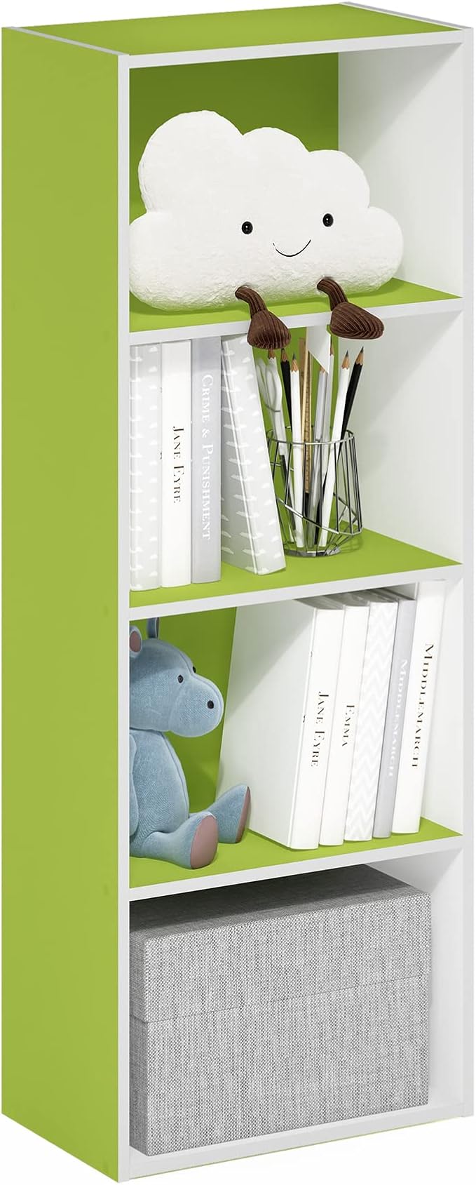 Furinno LUDER 4-Tier Book Shelf, Open Shelves Bookshelf, Green/White | 9 x 15.6 x 41.7, Closed Back, Modern Bookcase, for Living Room, Bedroom, Home Office