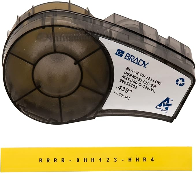 Brady Authentic (M21-250-C-342-YL) PermaSleeve Heat Shrink Tubing for Control and Electrical Panels, Wire Harness, BlackonYellow-For M210, M210-LAB, M211, BMP21-PLUS and BMP21-LAB Printers, .439"W 7'L