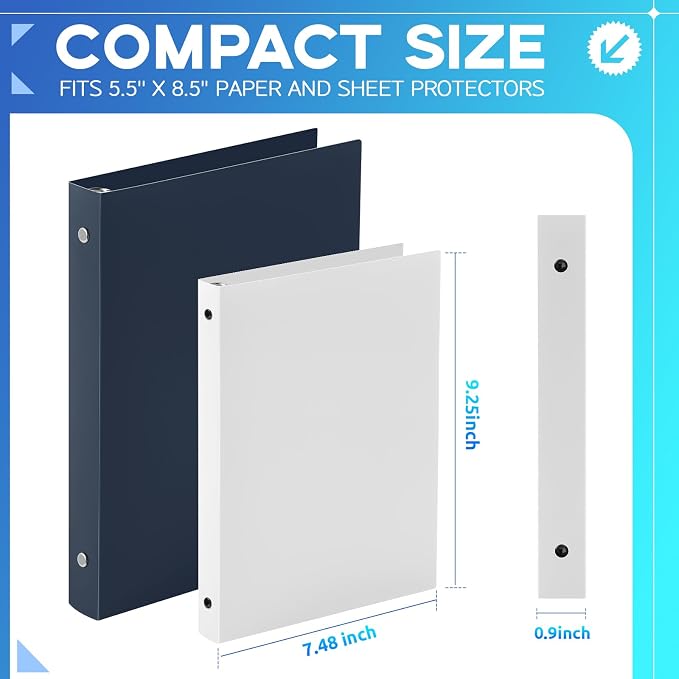Henoyso 12 Pcs 0.5 Inch Mini 3 Ring Binders Fits 5.5" x 8.5" Paper, Holds(Capacity 140 Sheets), Plastic Flexible Three Round Rings Small White A5 Binders Bulk for School, Office Use, Photo Album