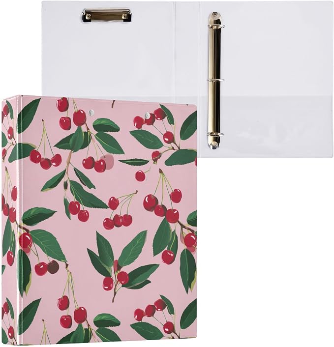 Green Leaf and Pink Cherry Binder 3 Ring 1.5 Inch Binder with Clipboard&Pockets, Hardcover Binders Heavy Duty Large File Folder for Office School Supplies - Holds 200 Sheets
