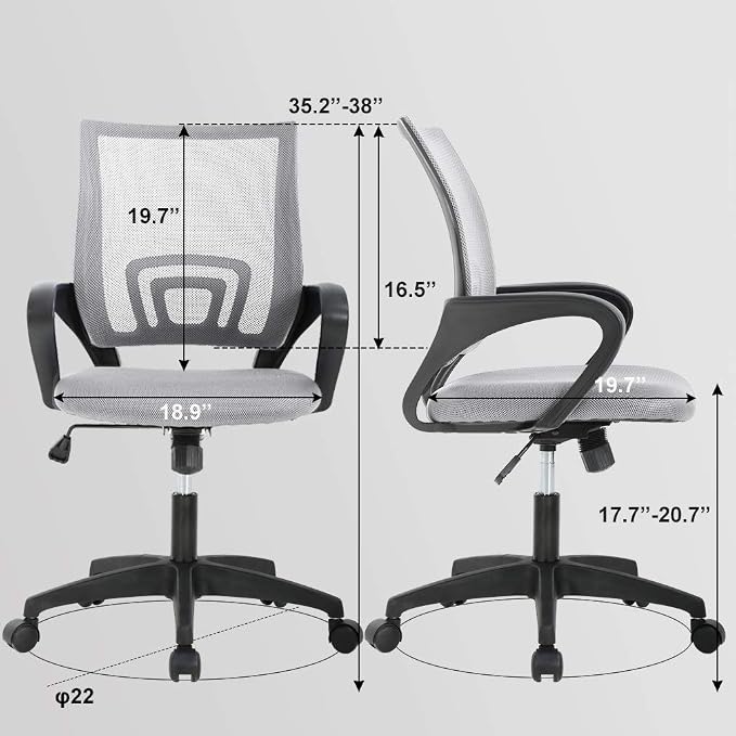 BestOffice | Ergonomic Office Chair | Mid-Back Swivel Desk Chair | Breathable Backrest & Lumbar Support | Adjustable Height | Sponge Seat | Rolling Wheels | Grey | for Adults & Women | Pack of 2
