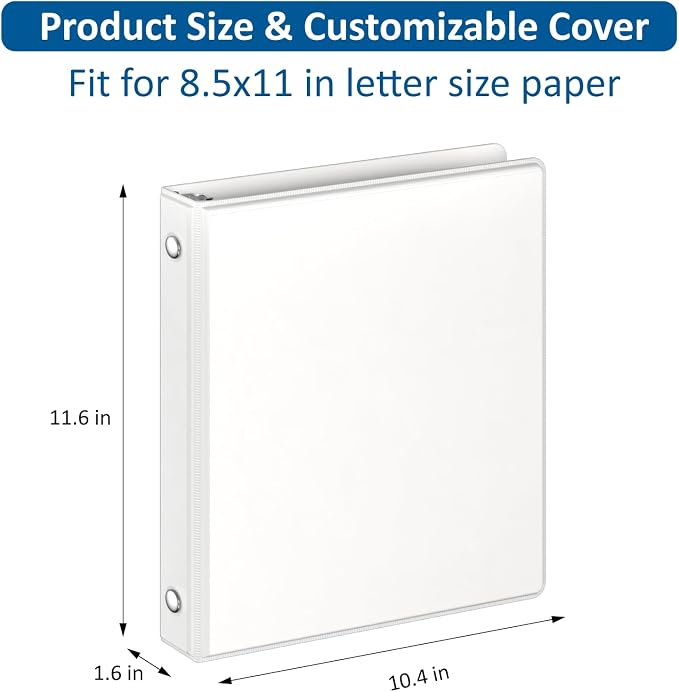3 Ring Binders, 1" Round Rings 12 Pack, Fits 8.5x11in, View 2 Pocket, White | for 8.5x11 Inch Paper, for Customizable Covers, Three Ring, for School Office Business Supplies, White, 1 Inch