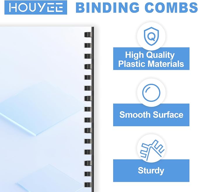 HOUYEE Plastic Binding Combs Spines 5/16 Inch, 19 Rings, 200 Pack, Black | 8mm Binder Combs for Letter Size Paper, 40 Sheets Capacity, for Book Binder Office School Supplies