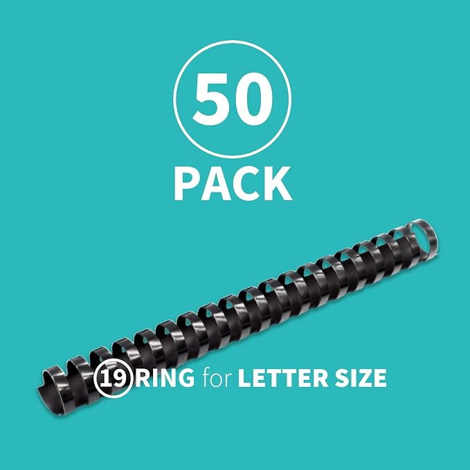 Binditek Plastic Binding Comb Spines, 1 Inch, 19 Ring, Black, 50 Pack | Plastic Binding Combs, 1 Inch Diameter, 225 Sheet Capacity, for Letter Size, for Students and Coworkers