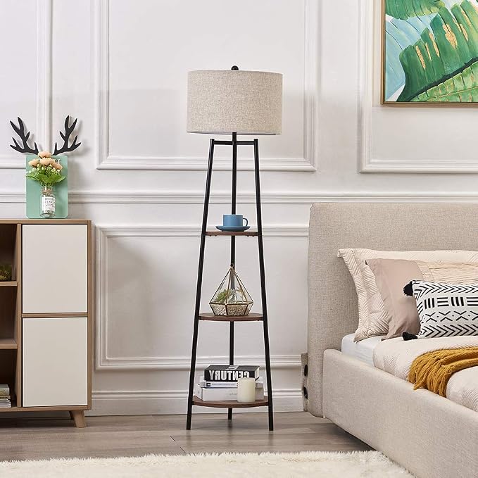 ROSEN GARDEN Floor Lamp, Standing Reading Light with Shelves and Fabric Shade, Modern Tall Pole Lamp, Accent Furniture Décor Lighting for Living Room, Bedrooms Black