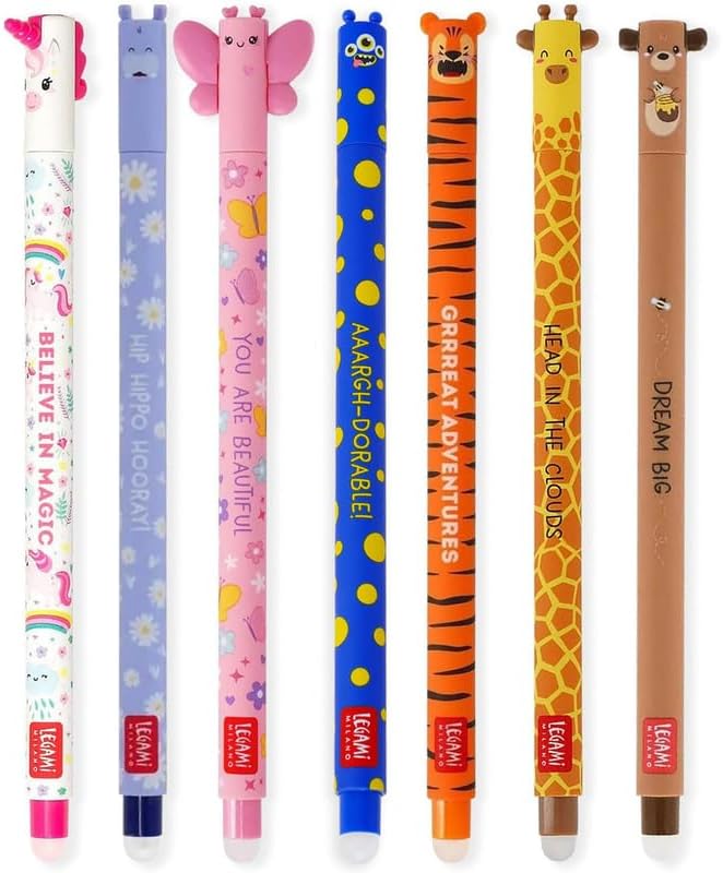 LEGAMI - Set of 7 Erasable Gel Pens with Thermosensitive Erase Ink, Range of ink colours & barrel designs, 0.7mm Tip, Unicorn, Hippo, Butterfly, Corgi, Tiger, Giraffe, Teddy Bear Designs