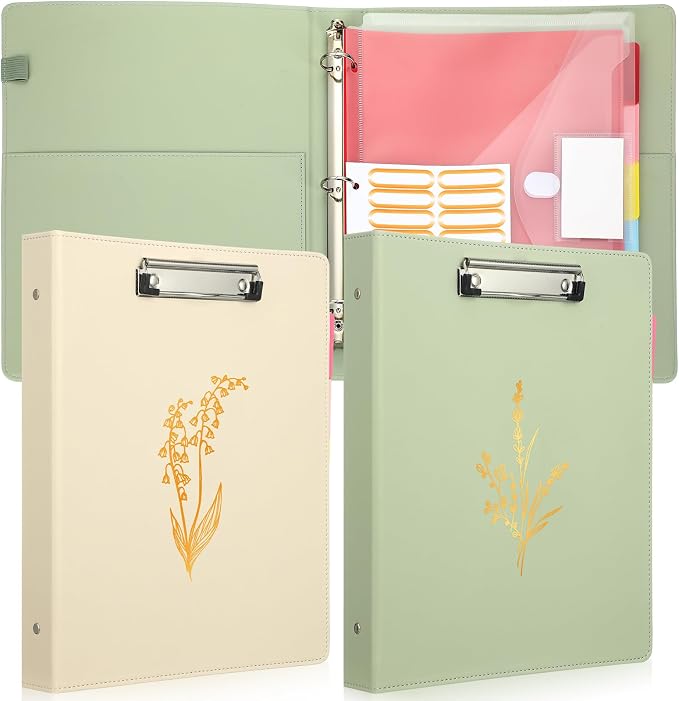 Honoson 2 Sets Leather 3 Ring Binder with Clipboard 1.5 Inch Aesthetic Binders Organizer Fit Letter Sized Paper 13 x 10.2 with 5 Tabs Pockets Dividers Folder and Divider Stickers for School Office