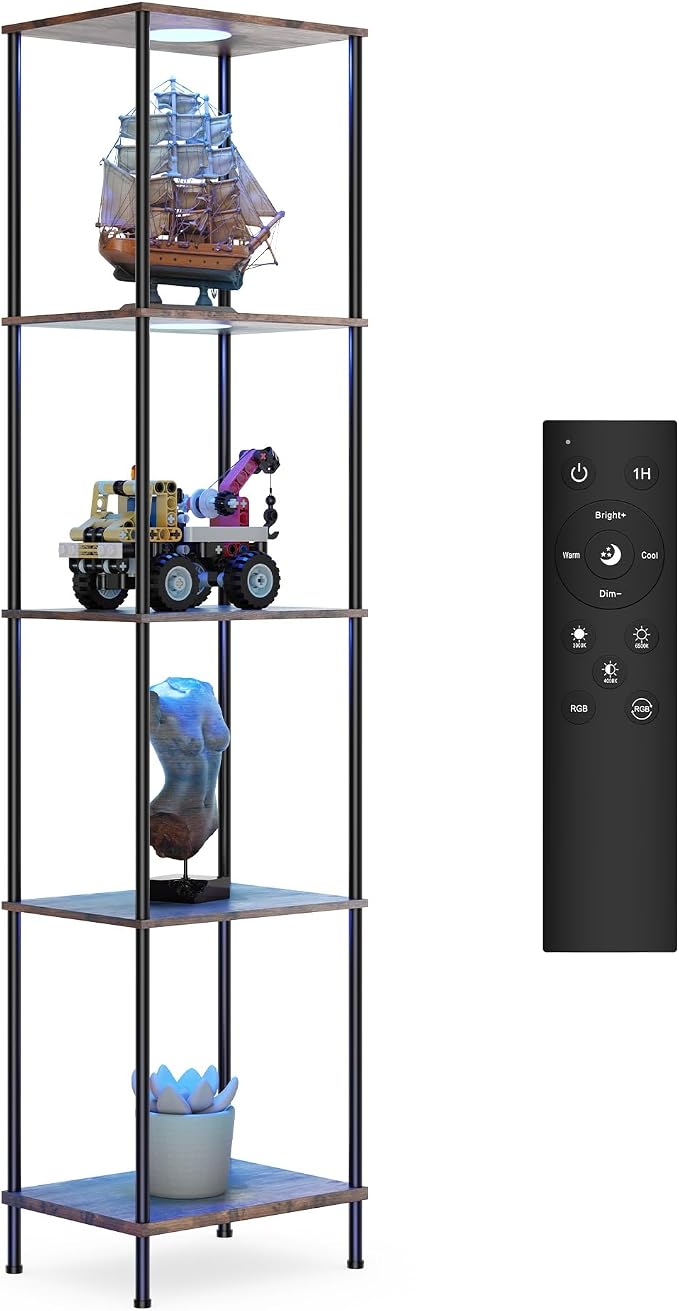 Display Shelf with RGBW Light, Color Changing Curio Cabinet Floor Lamp with Shelves Corner Standing Column Lamp Etagere Organizer Tower Nightstand Bookcase for Living Room Bedroom Office Décor, Brown
