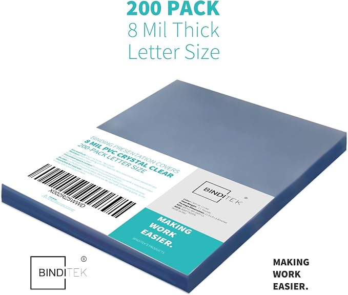 Binditek 8 Mil PVC Binding Covers, 8.5 x 11 Inches, Clear, 200 Pack | Plastic Binding Covers, 8.5" x 11" Letter Size, Clear, Square Corners, Unpunched, Ideal for Business Reports and Proposals