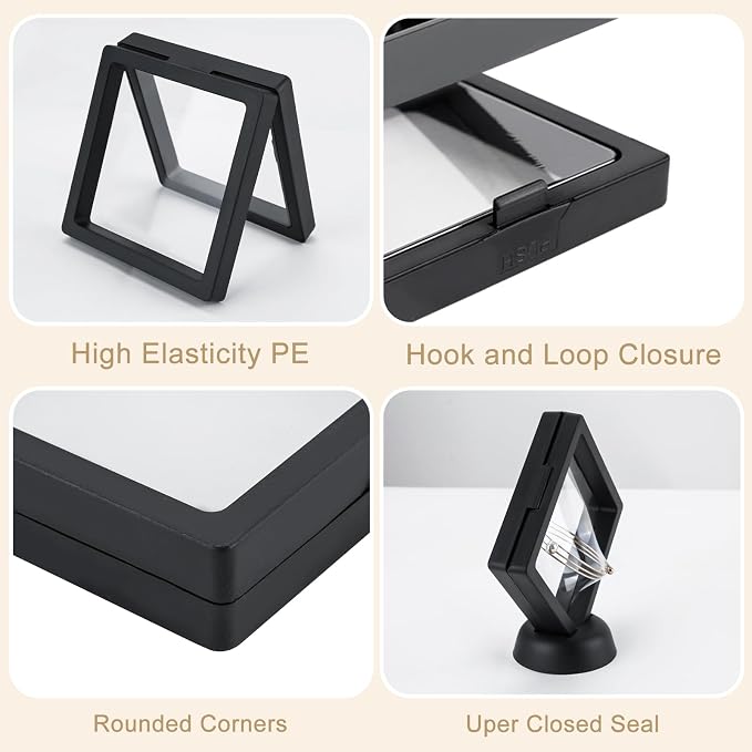 40 Pcs Floating Display Case, 3D Challenge Coin Holder Frame | PE Film, Black, Storage Box with Stands, Perfect for Preserving and Displaying Jewelry, Rocks, Medallion, Shells, Gems, Pins