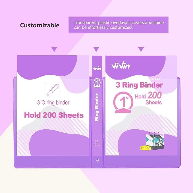 ViVin 1 Inch Round Ring View Binder for Durability, 6-Pack (Purple) | Standard 3 Ring Binder for 200 Sheets of US Letter Size Paper, PVC-Free, Clear View Cover, Office Home School Use