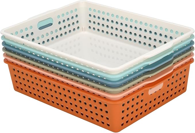 Modern 6-Pack Stackable Paper Trays with Handles, A4 Desktop Document Organizer for Classroom, Office, Homework Collection