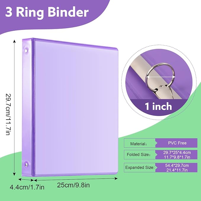 6 Pack 3 Ring Binder, 1 Inch Binder, Round Ring Binders | 2 Interior Pockets & Clear View Overlay, Large Capacity, for Office Supplies, School, Home - 6 Colors, Rainbow Colors