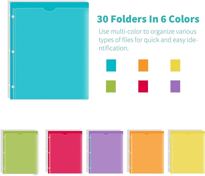 Heavy Duty Plastic Folders with Clear Front Pockets with 3 Holes, 30 Pack | Letter Size, 2 Pocket Folder for 3 Ring Binder, Card Slot, Back to School, Office & Home Organization