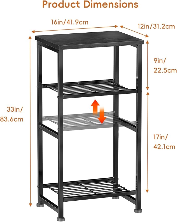 Industrial 3 Tier Printer Stand, Home Printer Wood Table with Wire Storage Shelf for Scanner Fax Machine, Heavy Duty Metal, Black with Burly Wood Board