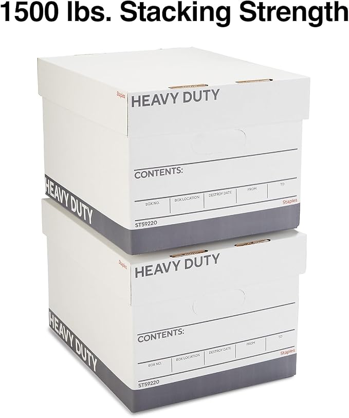 Staples Triple Wall Heavy Duty File Box, Lift-Off Lid, 12/Carton | White/gray boxes for letter or legal documents in bulk storage settings.