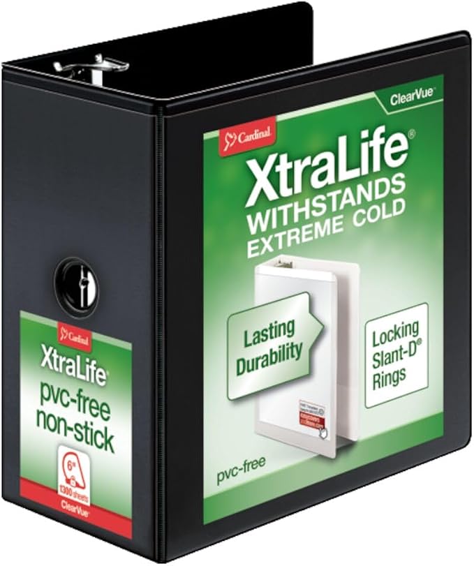 Cardinal 3 Ring Binder, 6 Inch Heavy Duty XtraLife Binder, Locking Slant-D Rings, Crack-Resistant Cover & Spine, ClearVue Covers with Shelf Pull, Holds 1,300 Sheets, Black (26361)