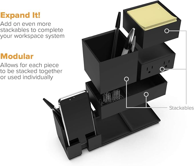 Bostitch Office Konnect Desk Organizer and Charging Station, 2 USB Ports & 2 Plugs, Charges Phones & Tablets, Accessory Tray, 4-Piece Design, Black