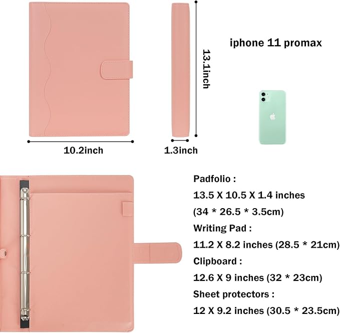 Wonderpool A4 PU Leather Ring Holder Writing Portfolio Multi Document Case with Removable Binder Clipboard and Functional Pocket for Organizer Office Travel School (Pink)