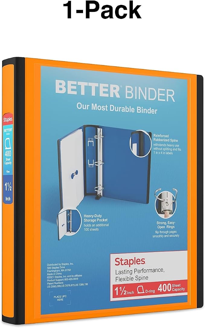Staples Better Binder, 1.5-Inch D-Ring View, Orange, 350 Sheets | Reinforced spine for durable everyday use in office and school settings.