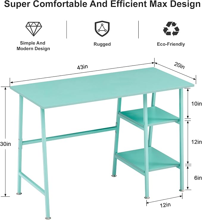 VECELO 43.1 Inch Computer Desk Home Office Blue Study Desk Work Office Table with Shelves Wooden Desk for Bedroom 2 Set