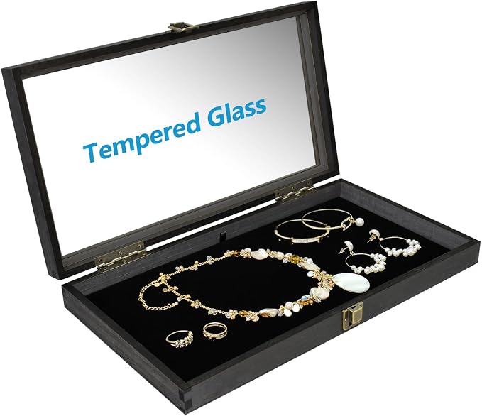 MOOCA Wooden Jewelry Display Case, Pocket Knife Display Case with Tempered Glass Top Lid and Removable Black Luxurious MDF Velvet Jewelry Pad, Black Color