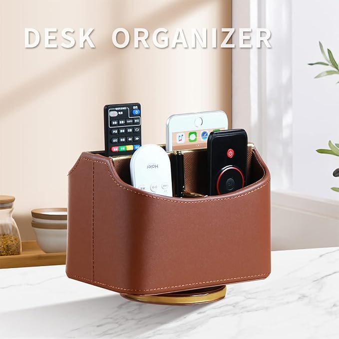 360° Swivel Remote Control Holder,TV Remote Caddy for Nightstand Table,Gold | Aesthtic Spinning Bedside Table Storage Box Organizer for Controller,Pen,Office Desk Accessories,Decorations for Living Room