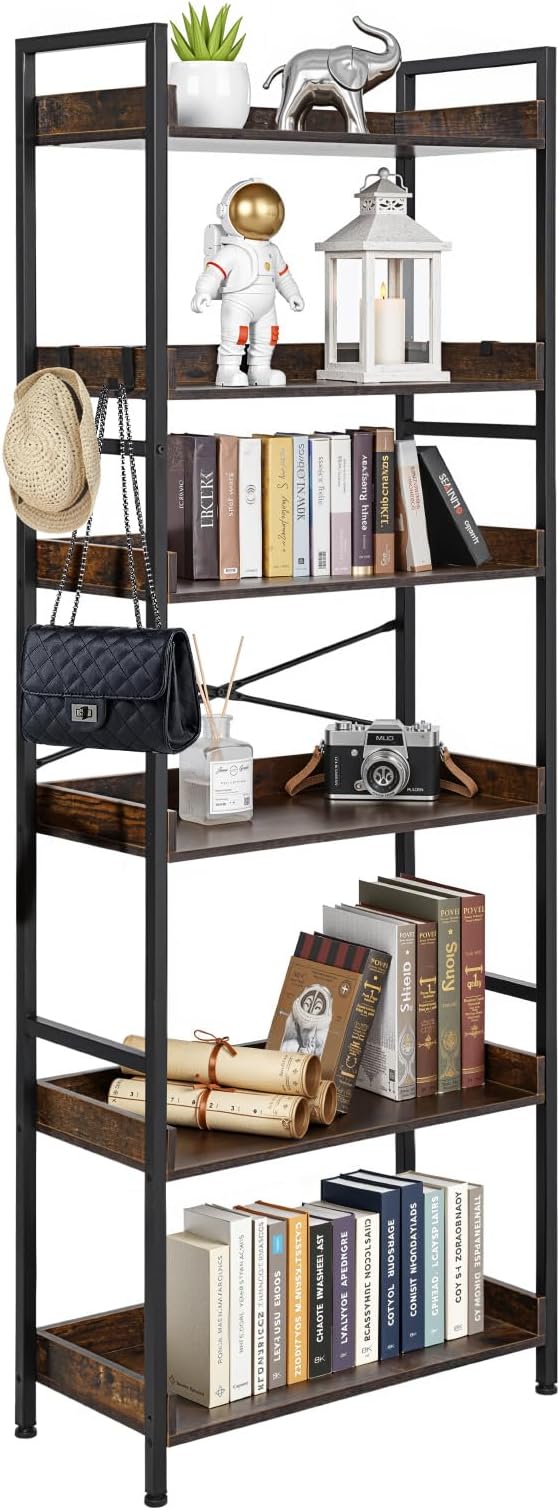 VEVOR Industrial Bookshelf, 6-Tier, Vintage Ladder Shelf Bookshelves and Bookcases, with Metal Frame, Book Organizer with Open Shelves, for Living Room, Bedroom, Kitchen, Home Office, Rustics Brown