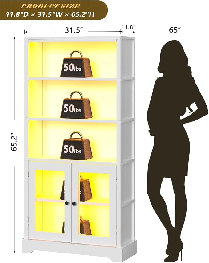 TVU 5-Tier Bookshelf, 65" Bookshelf with Multi-Color Ambient Lights (APP Remote Control), Tall Vertical Display Shelf with Cabinet Doors, Suitable for Living Room, Bedroom, Study, Office, White