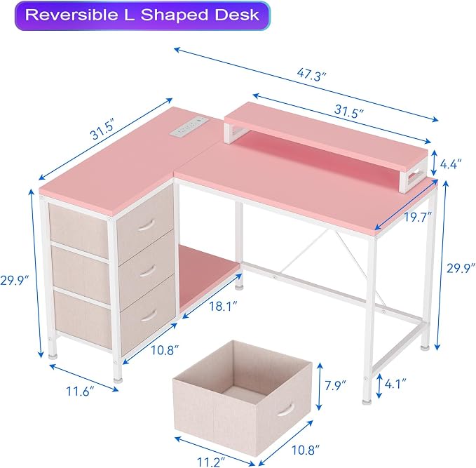 Garvee L-Shaped Computer Desk with Power Outlets & LED Lights - 43-Inch Reversible Corner Gaming Desk with 3 Drawers, Storage Shelves & Removable Monitor Stand, Modern Home Office Desk
