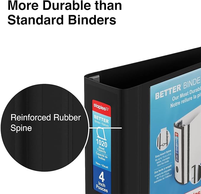 Staples Better 4-Inch D-Ring View Binder, Black, Reinforced Spine | High-capacity durable binder for everyday school and office storage.