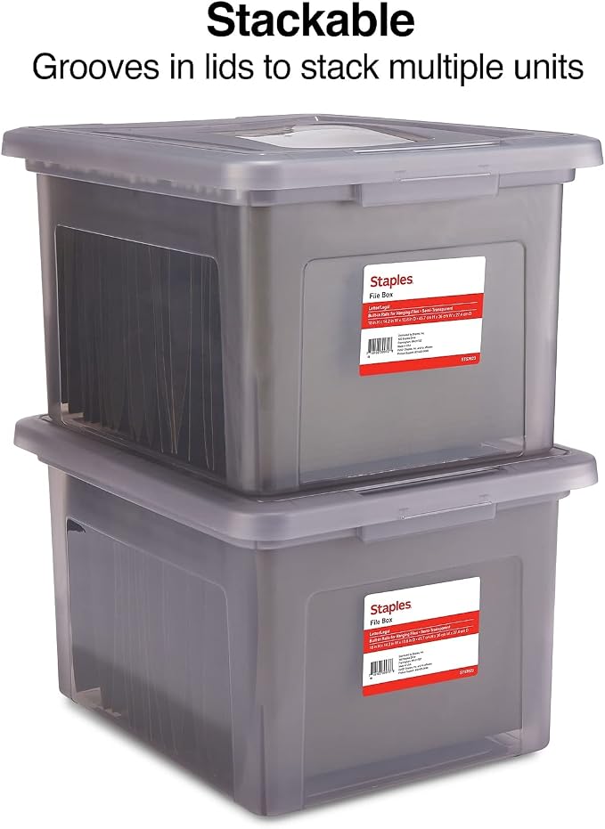 STAPLES Hanging File Folder Box, Storage Bin Organizer, Snap Lid, Letter & Legal Size Documents, Frost Gray | Frost gray bin keeps letter and legal size documents organized and accessible.