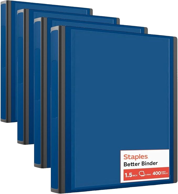 Staples Better View 1.5-Inch D-Ring Binder, Blue – Durable 3-Ring Binder with Clear Overlay for School & Office (Pack of 4)