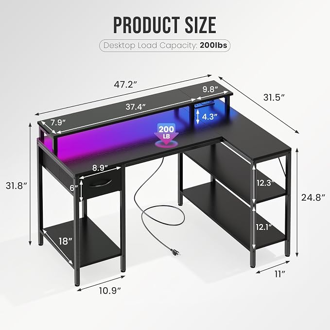 DUMOS Gaming Desk, Monitor Stand, LED Lights, Storage Shelves | USB Charging Ports, Power Outlets, Reversible L Shaped Corner, Small Spaces, Black