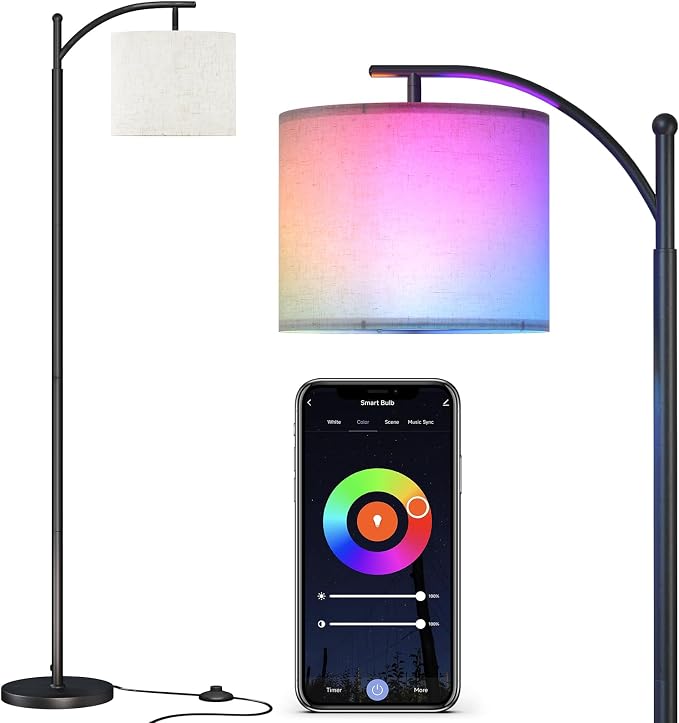 SUNMORY Arc Floor Lamp, Smart APP Remote Control Standing RGB Lamp | Tall Lamp with RGB Bulb & Hanging Lampshade, Dimmable Floor Lamp, Modern Floor Lamps for Living Room, Bedroom, Office