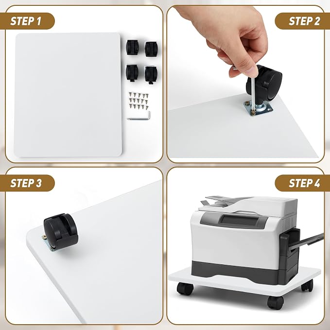 Beeveer 1 Pcs Office Under Desk Printer Stand with 4 Caster Wheels 13.8 x 11.8 Inches White Movable Printer Copier Shelf CPU Holder for Home Office Heavy Duty Storage Rack Scanner Fax Machine