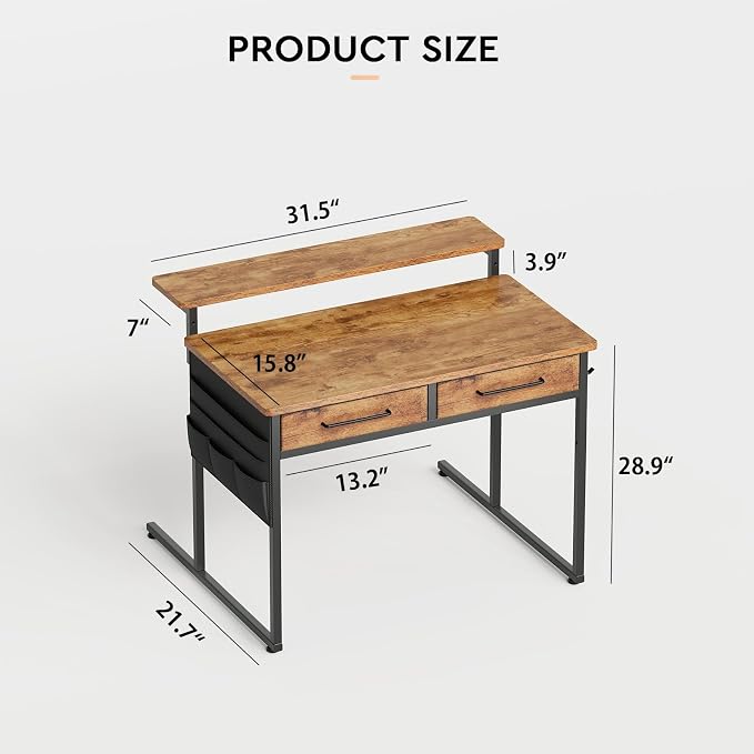 Small Desk with Drawers, 31.5X15.8-22.9 Inches Office Computer Desk with Side Pocket & Ergonomic Monitor Stand, Writing Table for Small Spaces, Bedroom, Kids Desk, Vanity Desk, Rustic Brown