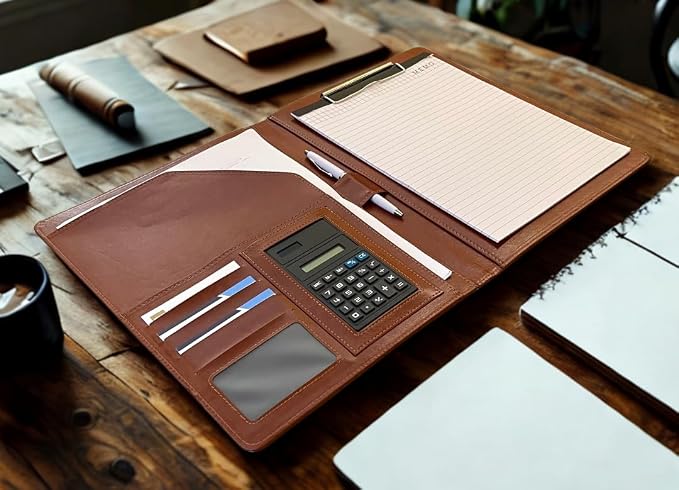 Leather Portfolio Binder for Business use, Document Organizer with Smart Storage, Calculator, Writing pad, – padfolio All in one, Professional Binder Portfolio for Women and Men with Name