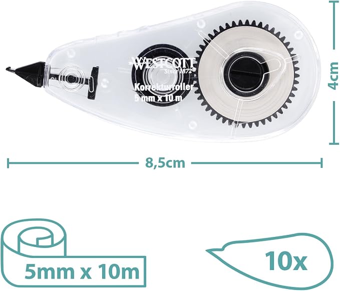 Westcott Correction Roller Pack of 10 | Correction Mouse with White Correction Layer 10 m x 5 mm | Precise, High Coverage and Immediately Writeable | E-743918 00