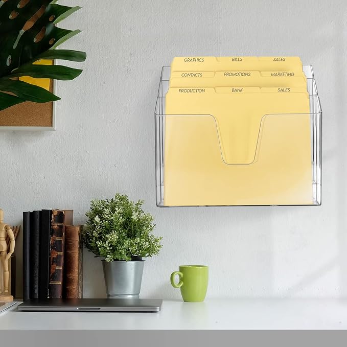 Acrimet Horizontal Triple File Folder Organizer Sorter, Letter Size, Clear | Includes 9 Manila Folders, Open Top, 3 Staggered Compartments, Wall-Mount or Desktop, Plastic, Organizes Papers